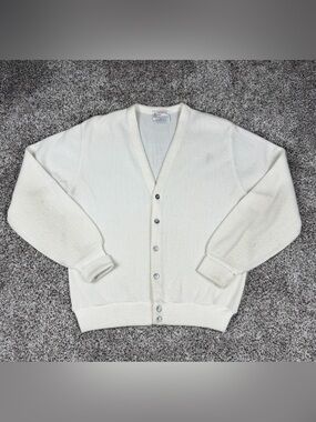Vintage Sz Large Mens London Fog Acrylic V Neck Button Up Cardigan Sweater White